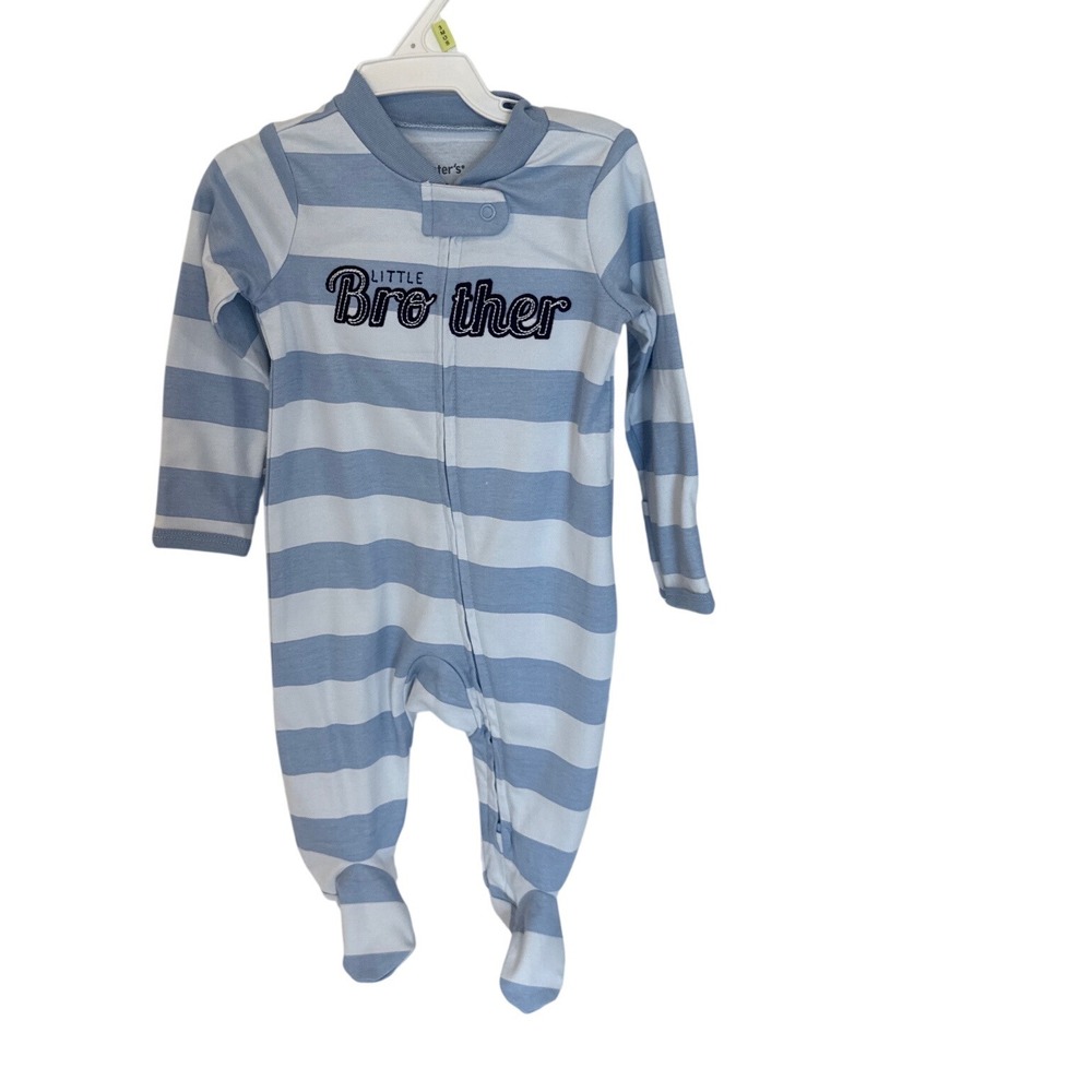 NWT Carter's Baby Boy 3M Little Brother Blue Striped Long‎ Sleeve Footed Sleeper